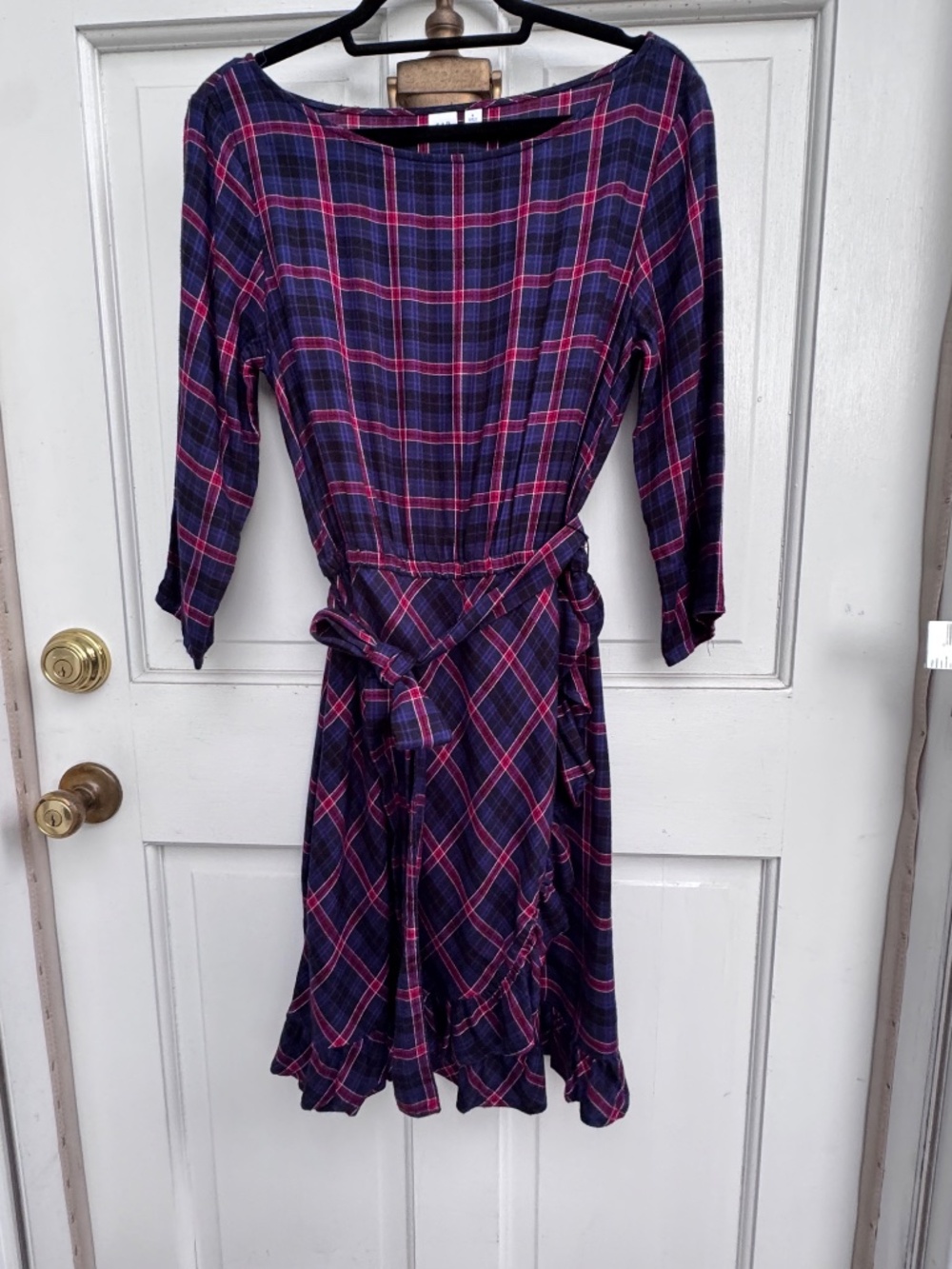 Gap Plaid Ruffle Hem Midi Dress Small Purple Pink Tie Waist 100% Rayon